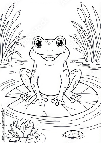 Smiling frog sitting on a lily pad in water among reeds for coloring page  