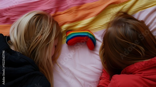 Two Children Resting on Bed with Colorful Rainbow Toy and Colorful Bedding Textiles