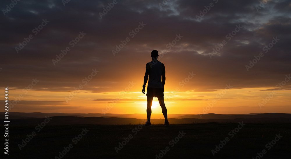 Obraz premium Runner’s Silhouette Against Dramatic Sunset on Hilltop