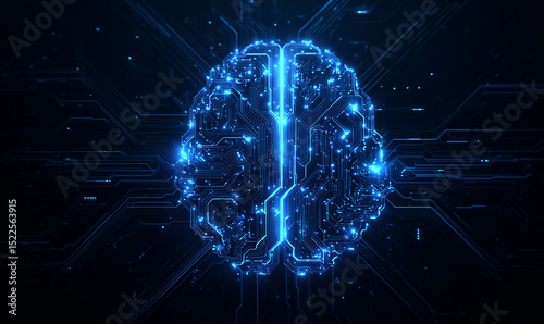 Digital brain with glowing blue lights on a dark background