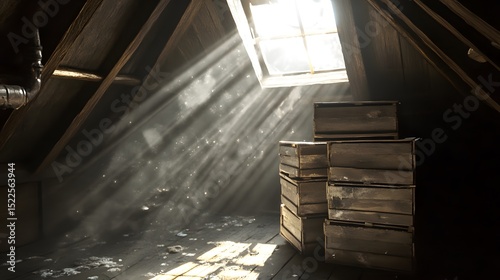 Intriguing Sunlit Attic with Forgotten Treasures and Antique Wooden Beams Revealed by Gentle Light