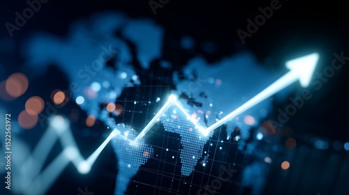 Visual representation of global market trends with upward trajectory and digital elements in dark background