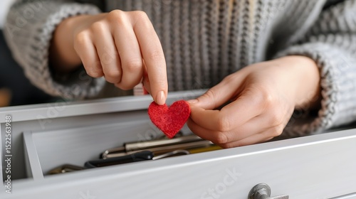 Woman Holding Red Felt Heart in Drawer Surrounded by Stationery and Everyday Objects
