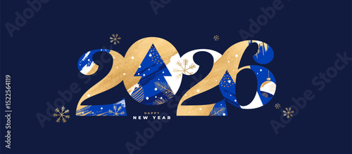 New Year's Eve 2026 card, poster, web banner or header, holiday cover. Xmas New Year template in trendy art style with gorgeous number 2026 design in gold and blue colors for ads and season greetings
