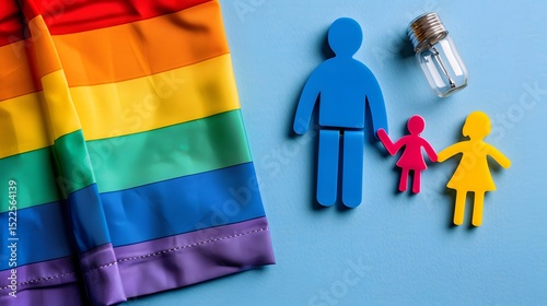 Colorful LGBTQ+ Family Symbols with Rainbow Flag and Glass Bottle on Blue Background