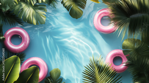 Top-down 3D view of a pool with pink float rings on the water, creating a tropical summer vibe.
