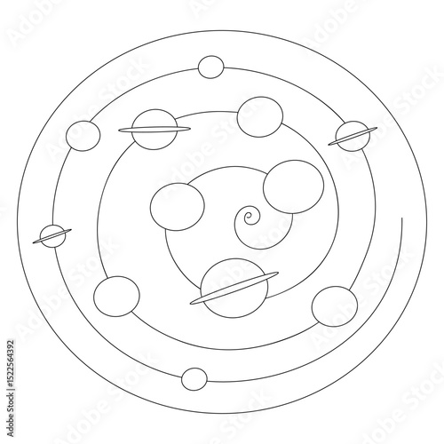 Space landscape. Galaxy. Sketch. Vector illustration. Planets are arranged in a rounded spiral. Doodle style. Coloring book for children. Idea for web design.