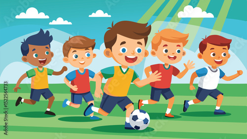 Diverse Group of Kids Playing Soccer, Running on Green Field Under Bright Sky