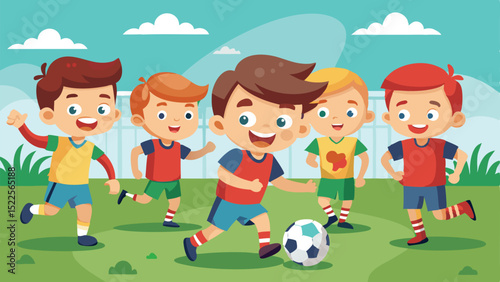Cheerful Cartoon Boys Playing Soccer on Grass Field Under a Cloudy Sky