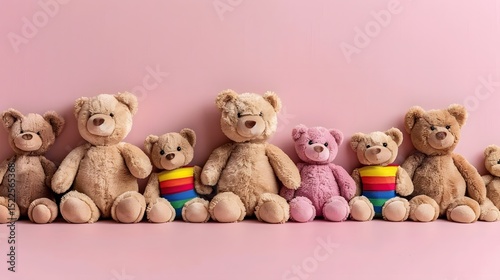 Colorful Teddy Bears Row on Pink Background, Cheerful and Cute Stuffed Animals for All Ages