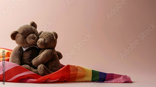 Two Plush Bears Embracing on a Colorful Rainbow Flag Background with Soft Pink Color Gradient