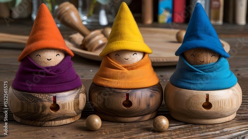 Charming Wooden Dolls with Colorful Hats on a Rustic Wooden Surface
