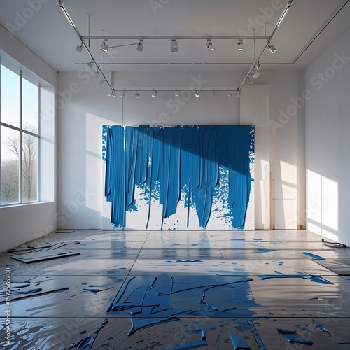 Abstract blue paint installation in modern art gallery