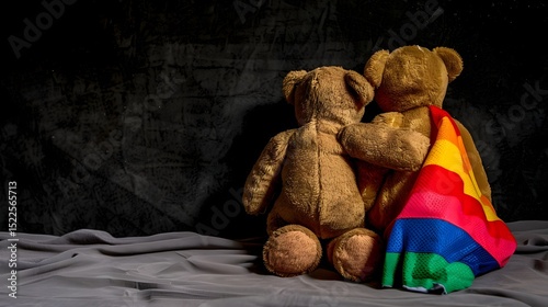 Two teddy bears sharing a moment with a rainbow flag draped over them on a dark background