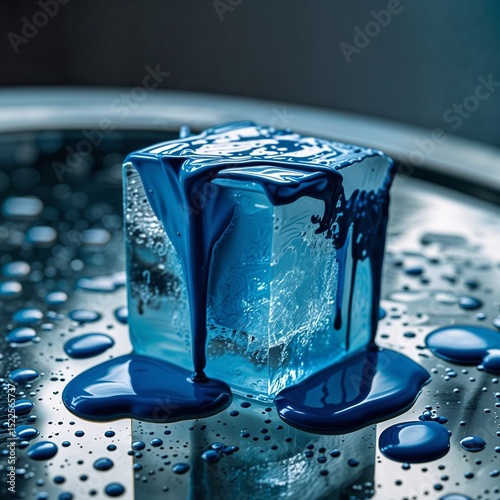 Ice cube with dripping blue paint on reflective surface