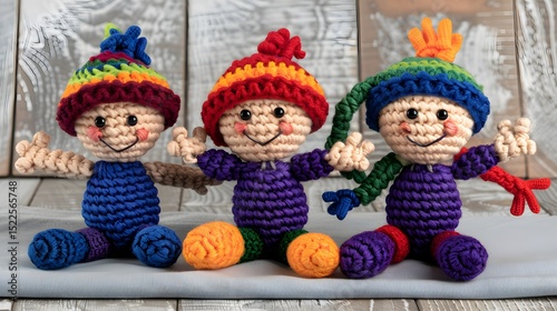 Colorful Crocheted Dolls with Bright Hats and Smiling Faces on a Wooden Background