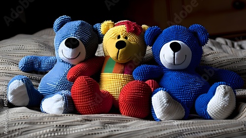 Colorful plush teddy bears sitting together on a cozy bed with textured bedding in soft lighting