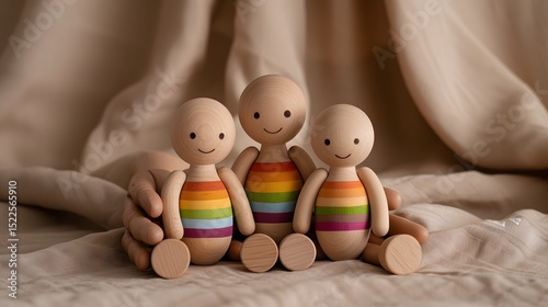 Wooden Rainbow Figurines Sitting Together on Soft Fabric Background with Hand Support
