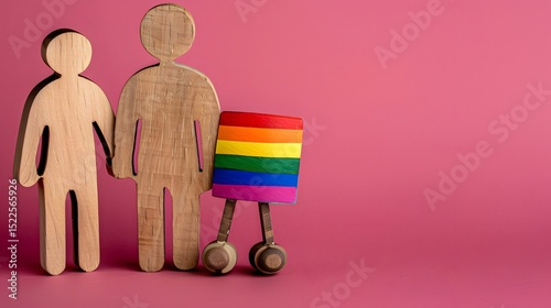 Wooden figures of couple with colorful cart representing LGBTQ pride movement and love