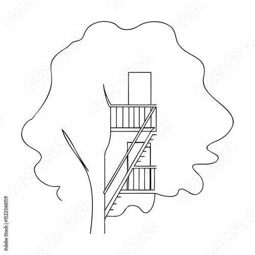 Black and white illustration of a treehouse nestled within a large tree canopy