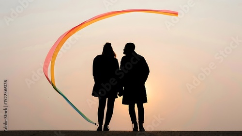 Romantic Silhouette of Couple Holding Hands with Colorful Ribbon Against Sunset Sky Background