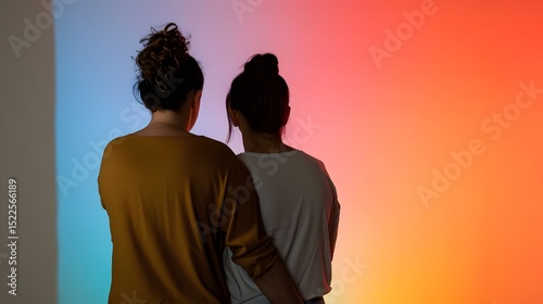 Two Women Embracing Against a Soft Gradient Background in Warm Colors