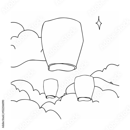 Vector illustration of floating lanterns in the sky amongst cloud outline elements