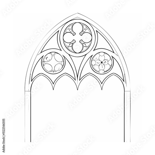 Black and white gothic archway outline vector illustration with decorative floral elements