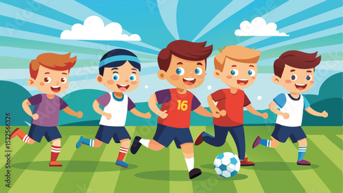 Cartoon Boys Playing Soccer Outside on a Sunny Day Running in a Field
