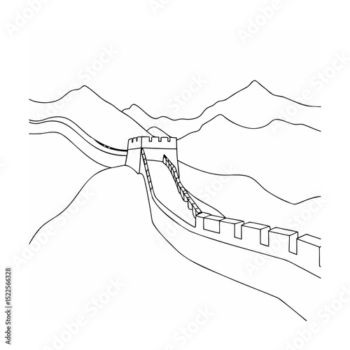 Hand drawn line art of the great wall of china with mountains in the background