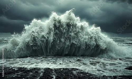 Immense ocean wave crashing on a dark pebble beach under a stormy sky.
