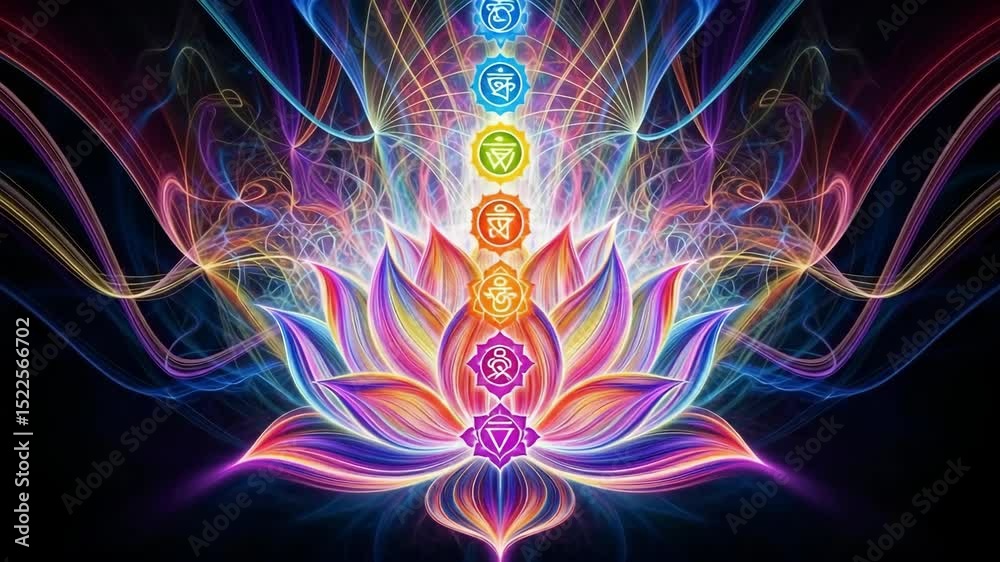 Radiant lotus flower with seven chakras aligned in glowing spiritual energy over vibrant abstract background

