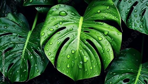 Close-up of a Monstera Leaf with Water Droplets