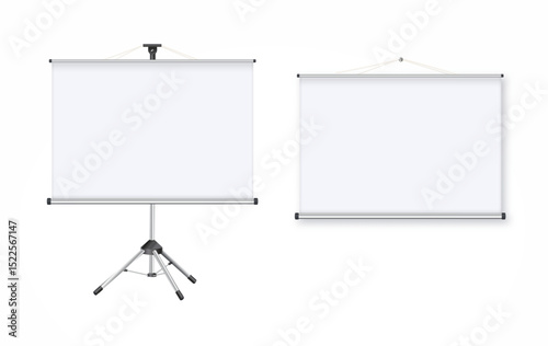 Blank realistic tripod portable projection screen. Isolated on white background. Vector