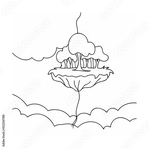 Fantasy illustration of a floating island with a cluster of cartoon trees surrounded by clouds.