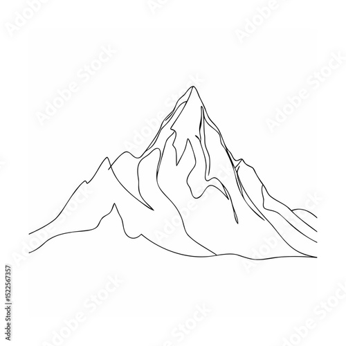 Simple continuous line drawing of a majestic mountain range on a plain white background