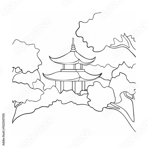 Black and white illustration of a traditional pagoda temple surrounded by trees in nature
