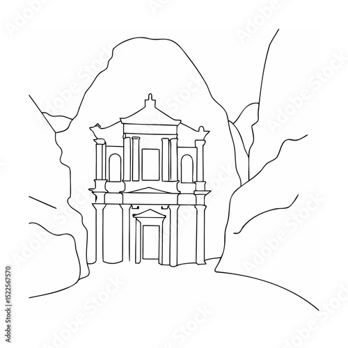 Outlined illustration of al khazneh treasury in petra jordan ancient wonder of the world