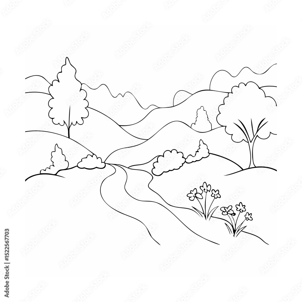 Obraz premium Hand drawn landscape with rolling hills trees flowers and a winding road in black outline