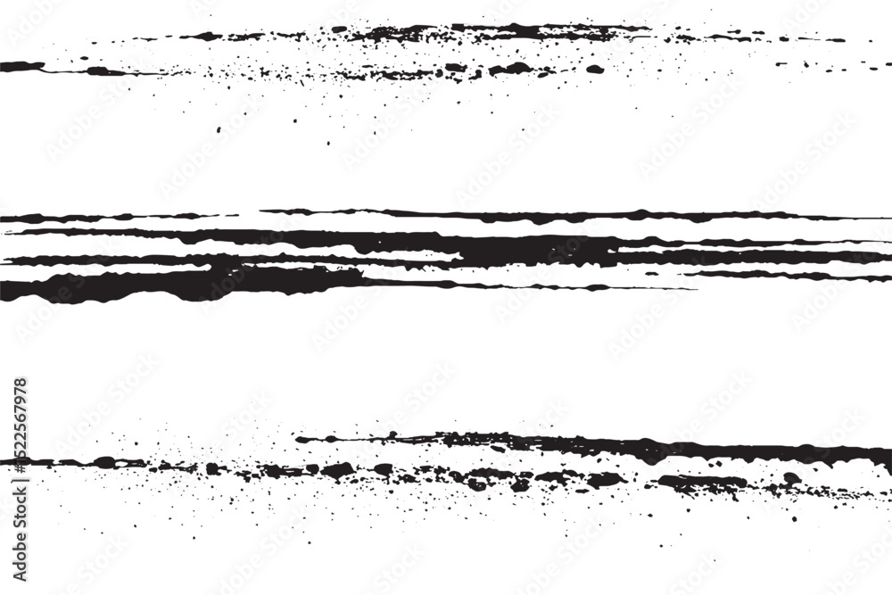 Abstract horizontal ink splatter strokes in black on white background. Ideal for grunge textures, digital art, and print design needing edgy and minimal distressed elements.
