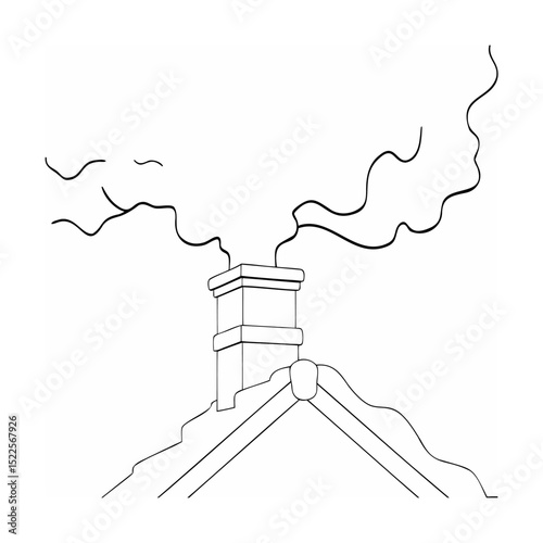 Simple line art illustration of a house roof chimney with flowing smoke emitting upwards