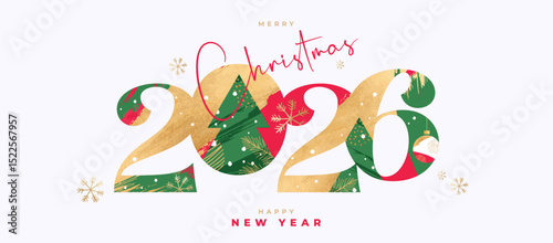 Merry Christmas and Happy New Year 2026 greeting card, poster, web banner, holiday cover. Xmas template in art style with gorgeous number 2026 design in gold, red and green colors for ads and promo
