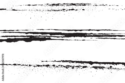 Abstract horizontal ink splatter strokes in black on white background. Ideal for grunge textures, digital art, and print design needing edgy and minimal distressed elements.