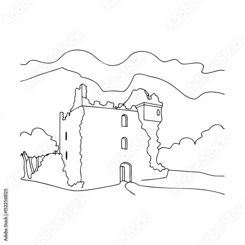 Line art illustration of ruined castle set against mountains and trees in black and white