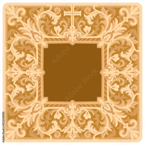 Orthodox frame with cross and floral curls, multilayer vector for religious laser cut decor, Christian wall icon template