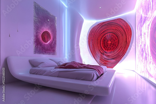 A modern bedroom with a futuristic vibe, digital art walls, and a minimalist bed frame