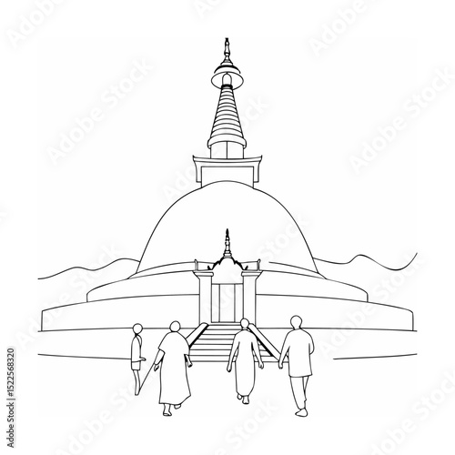 Line drawing of a buddhist temple with people walking towards the entrance