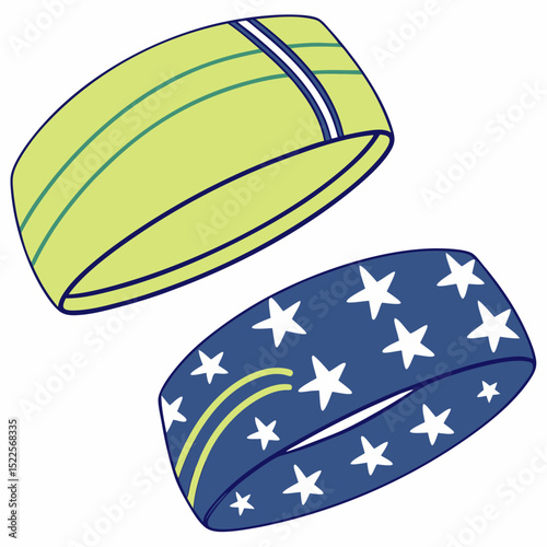 Colorful abstract headbands in unique designs featuring stars and stripes against a plain white background for sports or fitness