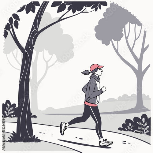 Illustrated depiction of a woman jogging in a park with a minimalist artistic style for health and fitness.