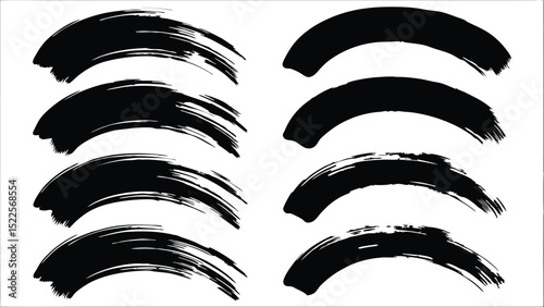A collection of eight black curved brush strokes on a white background in a simple illustration